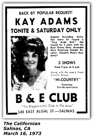 Promo Ad - B & E Club - Salinas, CA - Kay Adams - March 1973
