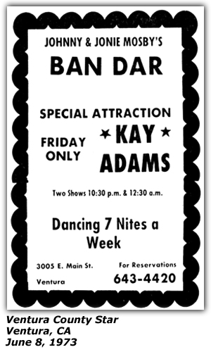 Promo Ad - Johny and Jonie Mosby's Ban Dar - Kay Adams - Ventura, CA - June 1973