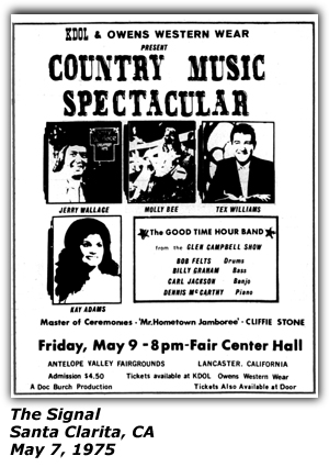 Promo Ad - Fair Center Hall - KOOL Country Music Spectacular - Jerry Wallace - Molly Bee - Tex Williams - Kay Adams - May 1975