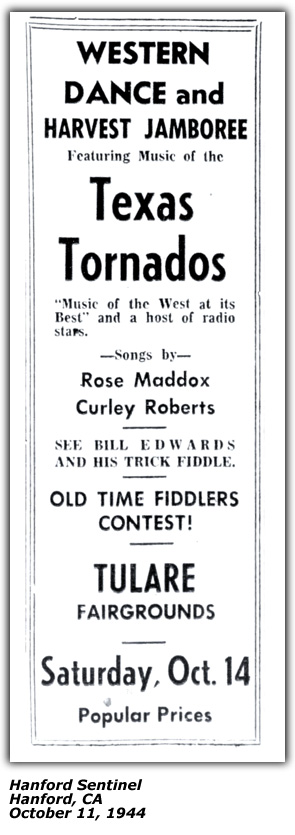 Promo Ad - Tulare Fairgrounds - Rose Maddox, Curley Roberts, Texas Tornados - Oct 1944