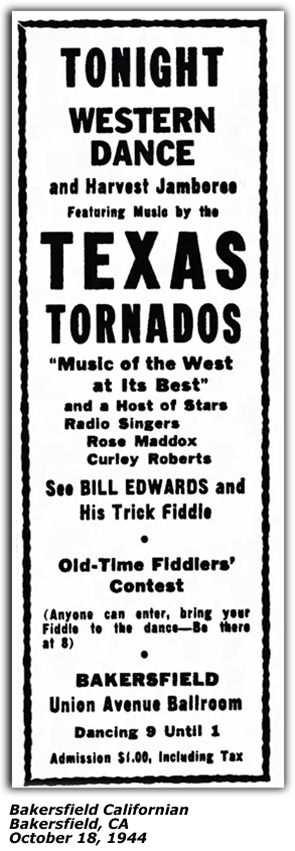 Promo Ad - Union Avenue Ballroom - Bakersfield - Texas Tornados, Rose Maddox, Curley Roberts - Oct 1944