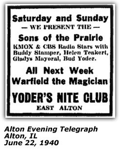Yoder's Nite Club Ad - Sons of the Prairie, Buddy Stamper, Helen Teakert, Bud Yoder, Gladys Mayoral - June 1940