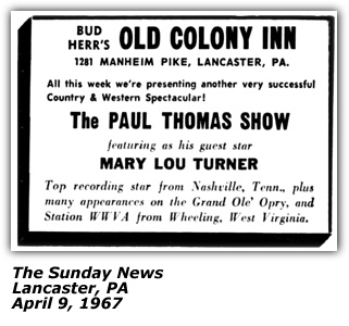 Promo Ad - Mary Lou Turner - Lancaster PA - 1967