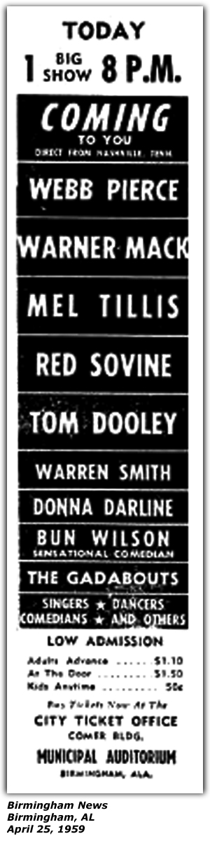 Promo Ad - Municipal Auditorium - Birmingham, AL - Webb Pierce - Mel Tillis - Red Sovine - Donna Darline - Bun Wilson - The Gadabouts - April 1959