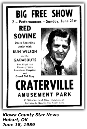 Promo Ad - Craterville Amusemenht Park - Hobart OK - Red Sovine - Bun Wilson and the Gadabouts - July 1959