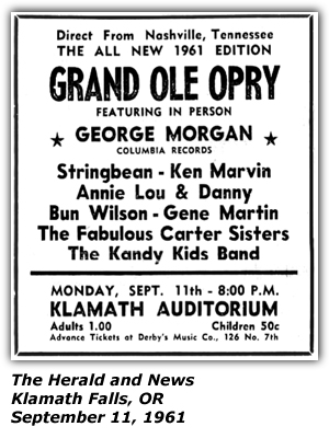 Promo Ad - Klamath Auditorium - Klamath Falls, OR - George Morgan - Annie Lou and Danny - Stringbean - Bun Wilson - Carter Sisters - September 1961