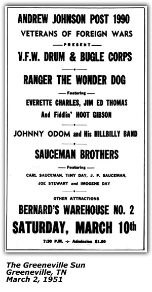 Promo Ad - Bernards' Warehouse No. 2 - Andrew Johnson Post 1990 VFW - Sauceman Brothers - Johnny Odom and His Hillbilly Band - March 1951
