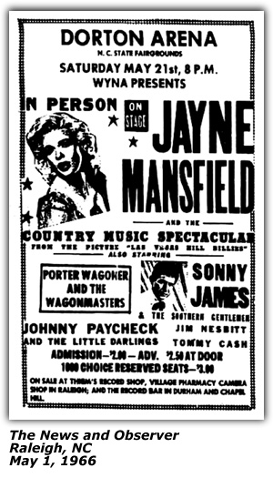 Promo Ad - Dorton Arena - Raleigh, NC - Jayne Mansfield - Sonny James - Porter Wagoner - Johnny Paycheck - Jim Nesbitt - May 1966