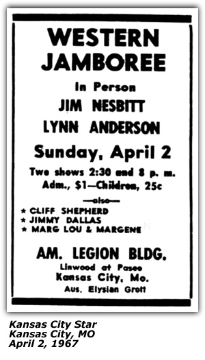 Promo Ad - Western Jamboree - American Legion Building - Kansas City, MO - Lynn Anderson - Jim Nesbitt - Cliff Shepherd - Jimmy Dallas - Marg Lou and Margene - April 1967