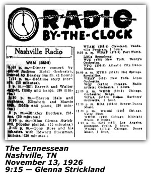 Radio Log - WSM - Nashville - Glenna Strickland - Grand Ole Opry - November 13, 1926