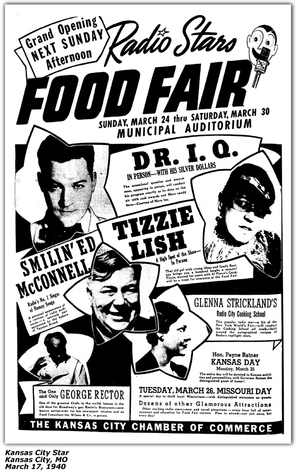Promo Ad - Radio Stars Food Fair - Municipal Auditorium - Kansas City, MO - Glenna Strickland - Ed McConnell - March 1940