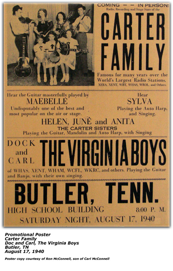 Promo Poster - August 17 1940 Butler TN Doc and Carl; Mother Maybelle; Carter Sisters