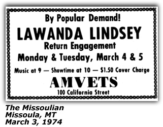 Promo Ad - Amvets - Missoula MT - Lawanda Lindsey - Mar 1974