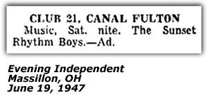 Promo Ad - Club 21 - Massillion, OH - The Sunset Rhythm Boys - June 1947