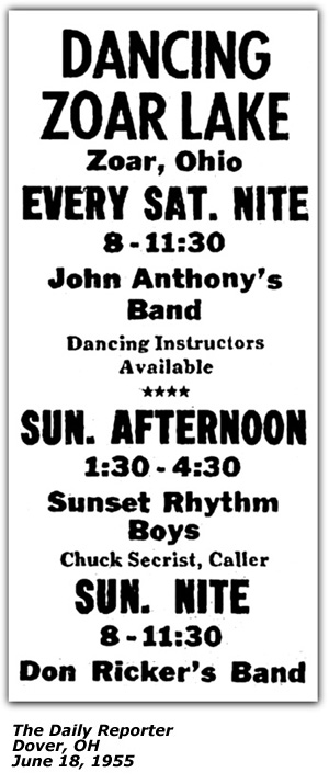 Promo Ad - Zoar Lake - Zoar, OH - Sunset Rhythm Boys - Chuck Secrest - June 1955