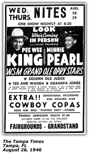 Promo Ad - Fairgrounds - Tampa, FL - Pee Wee King - Minnie Pearl - Cowboy Copas - Ted and Wanda - August 1946