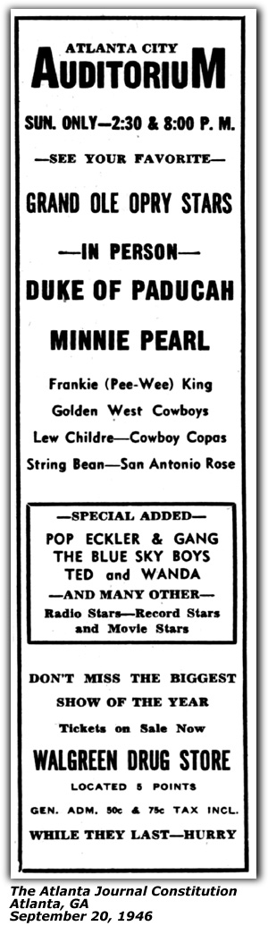 Promo Ad - Atlanta City Auditorium - Atlanta, GA - Duke of Paducah - Minnie Pearl - Pee Wee King - Lew Childre - Cowboy Copas - Pop Eckler - Ted and Wanda - Blue Sky Boys - September 1946