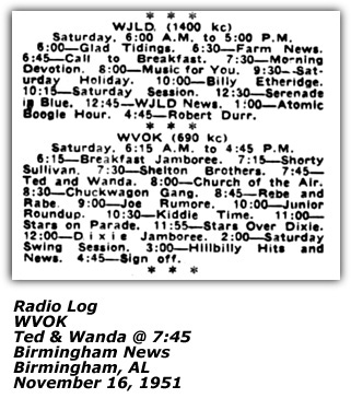 Radio Log - WVOK - Ted and Wanda - Birmingham, AL - November 1951
