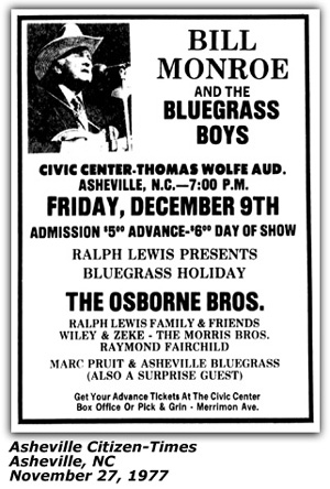 Promo Ad - Raymond Fairchild - Bill Monroe - Osborne Brothers - November 1977