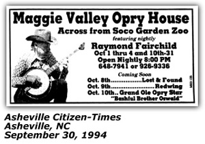 Promo Ad - Maggie Valley Opry House - Raymond Fairchild - September 1994