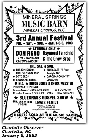 Promo Ad - Mineral Springs Music Barn Festival - Don Reno, Raymond Fairchild - January 1983