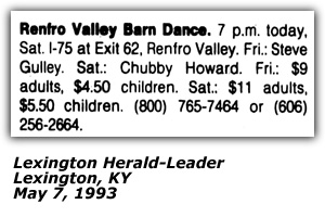 Promo Ad - Renfro Valley Barn Dance - Chubby Howard - May 1993