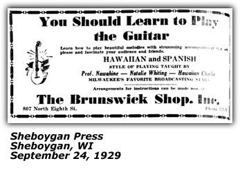 Promo Ad - The Brunswick Shop, Inc.; Prof. Nawahine; Hawaiian Charlie; Natalie Whiting; Vesey Walker - Sep 1929