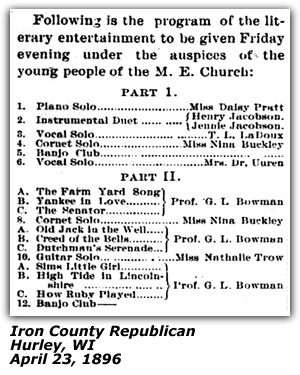 Entertainment Program - Nathalie Trow - Hurley WI - April 23 1896