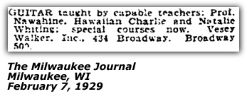 Promo Ad - Prof. Nawahine; Hawaiian Charlie; Natalie Whiting; Vesey Walker - Feb 1929