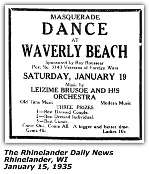 Promo Ad - Waverly Beach - Rhinelander WI - Leizime Brusoe and his Orchestra - January 1935