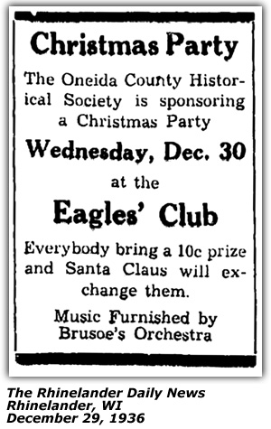 Promo Ad - Eagles' Club - Rhinelander WI - Brusoe's Orchestra - December 1936