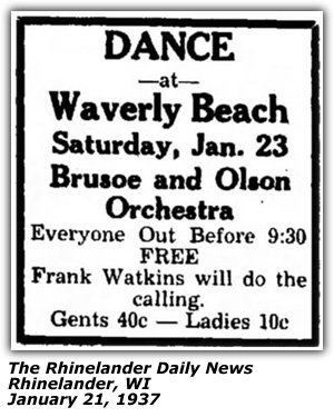 Promo Ad - Waverly Beach - Rhinelander, WI - Brusoe and Olson Orchestra - January 1937