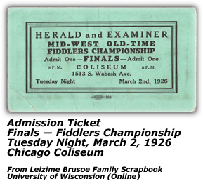 Admission Ticket - Fiddlers Championship Chicago Coliseum - Back - March 2, 1926