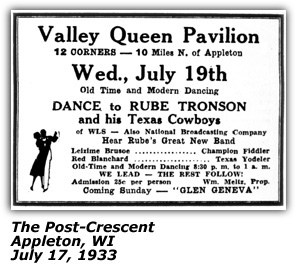 Promo Ad - Valley Queen Pavilion - Appleton, WI - Rube Tronson, Leizime Brusoe, Red Blanchard - July 1933