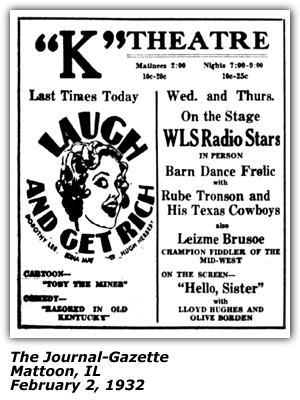 Promo Ad - K Theatre - Mattoon, IL - Rube Tronson, Leizme Brusoe - February 1932
