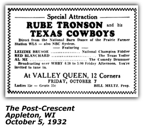 Promo Ad - Valley Queee - Appleton, WI - Rube Tronson, Leizime Brusoe, Red Blanchard, Al Mee - October 1932