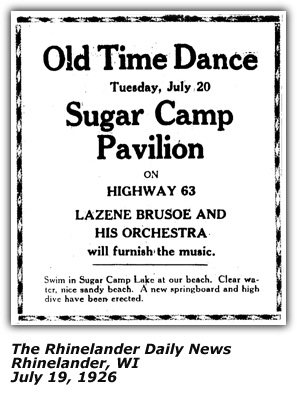 Promo Ad - Old Time Dance - Sugar Camp Pavilion - Lazene Brusoe and his Orchestra - July 1926