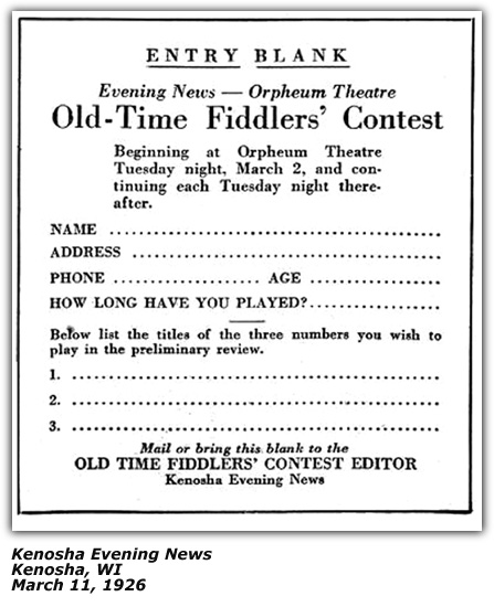 Old-Time Fiddlers' Contest - Kenosha WI - March 1926