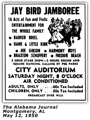 Promo Ad - WJJJ Jay Bird Jamboree; Braxton Schuffert; City Auditorium; Montgomery, AL - May 1950