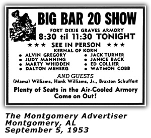 Promo Ad - Big Bar 20 Show; Fort Dixie Graves Armory; Braxton Schuffert; Hank Williams Jr.; September 1953