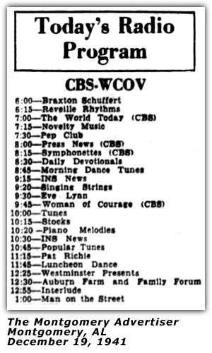 Radio Log - WCOV - Montgomery AL - Braxton Schuffert; December 1941