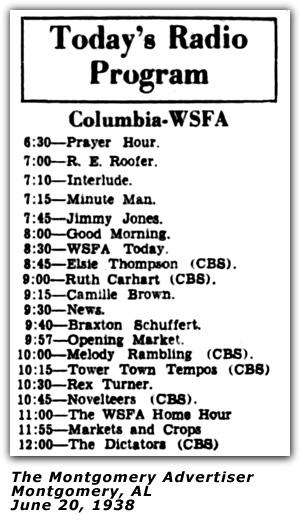 Radio Log - WSFA - Montgomery AL - Braxton Schuffert; June 1938