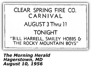 Promo Ad - Clear Spring Fire Co. Carnival - Bill Harrell - Smiley Hobbs and The Rocky Mountain Boys - Hagerstown MD - August 1956