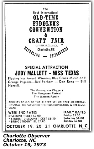 Promo Ad - Old-Time Fiddler's Convention - Don Reno - Bill Harrell - Charlotte, NC - 1973