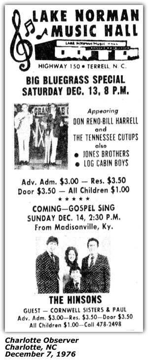 Promo Ad - Lake Norman Music Hall - Terrell, NC - Don Reno and Bill Harrell with Tennessee Cut-Ups - Dec 1976