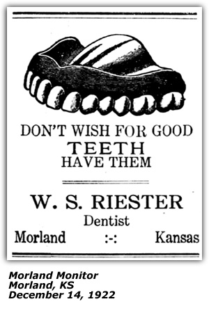 Promo Ad - W. S. Riester - Dentist - Morland, KS - December 1922