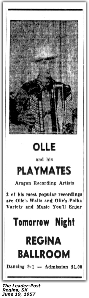 Promo Ad - Regina Ballroom - Regina, SK - Olle and His Playmates - June 1957