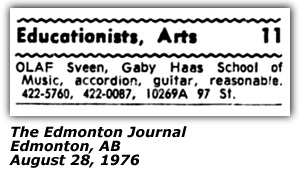 Promo Ad - Olaf Sveen - Gaby Haas School of Music - Edmonton - August 1976