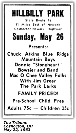 Promo Ad - Hillbilly Park - May 22, 1963 - Newark, OH - Chuck Atkins Blue Ridge Mountain Boys - Mac-O-Chee Valley Folks - Jim Greer - Donnie Bowsier