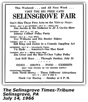 Promo Ad - Selinsgrove Fair - Selinsgrove, PA - DOc Williams and his Border Riders - Jim Greer and the Mac-O-Chee Valley Folks - July 1966